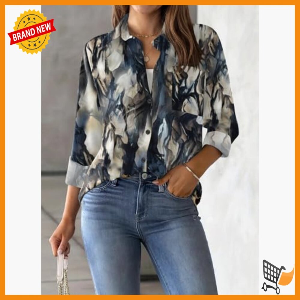 Long Sleeve Button Down Blouse with Pocket, Floral Print, Business Casual - Picture 4 of 7